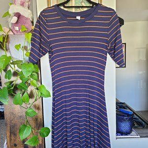 Navy Ribbed-Knit Fitted Short Sleeved Striped Skater Dress